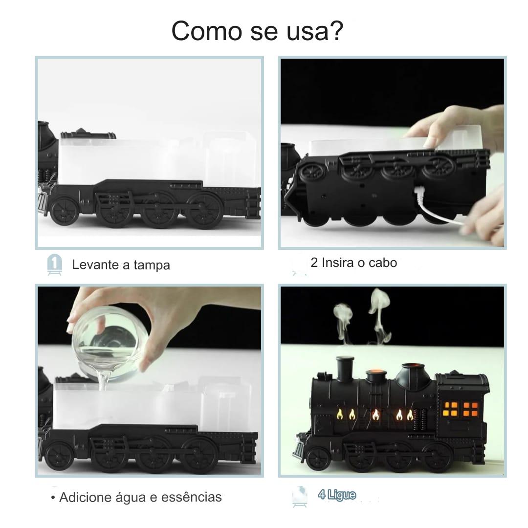 Difusor Umidificador de Ar Locomotiva Castiliani, elegante e criativo, ideal para hidratar o ambiente e melhorar a saúde respiratória