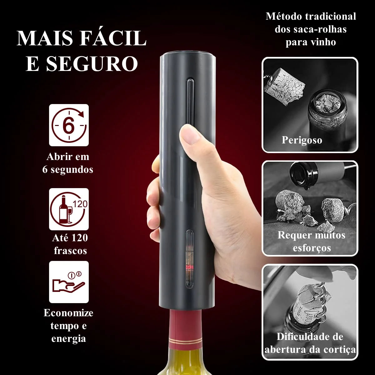 Abridor de Vinho Elétrico Premium Castiliani, com kit completo incluindo cortador de rótulo, aerador e rolha de preservação