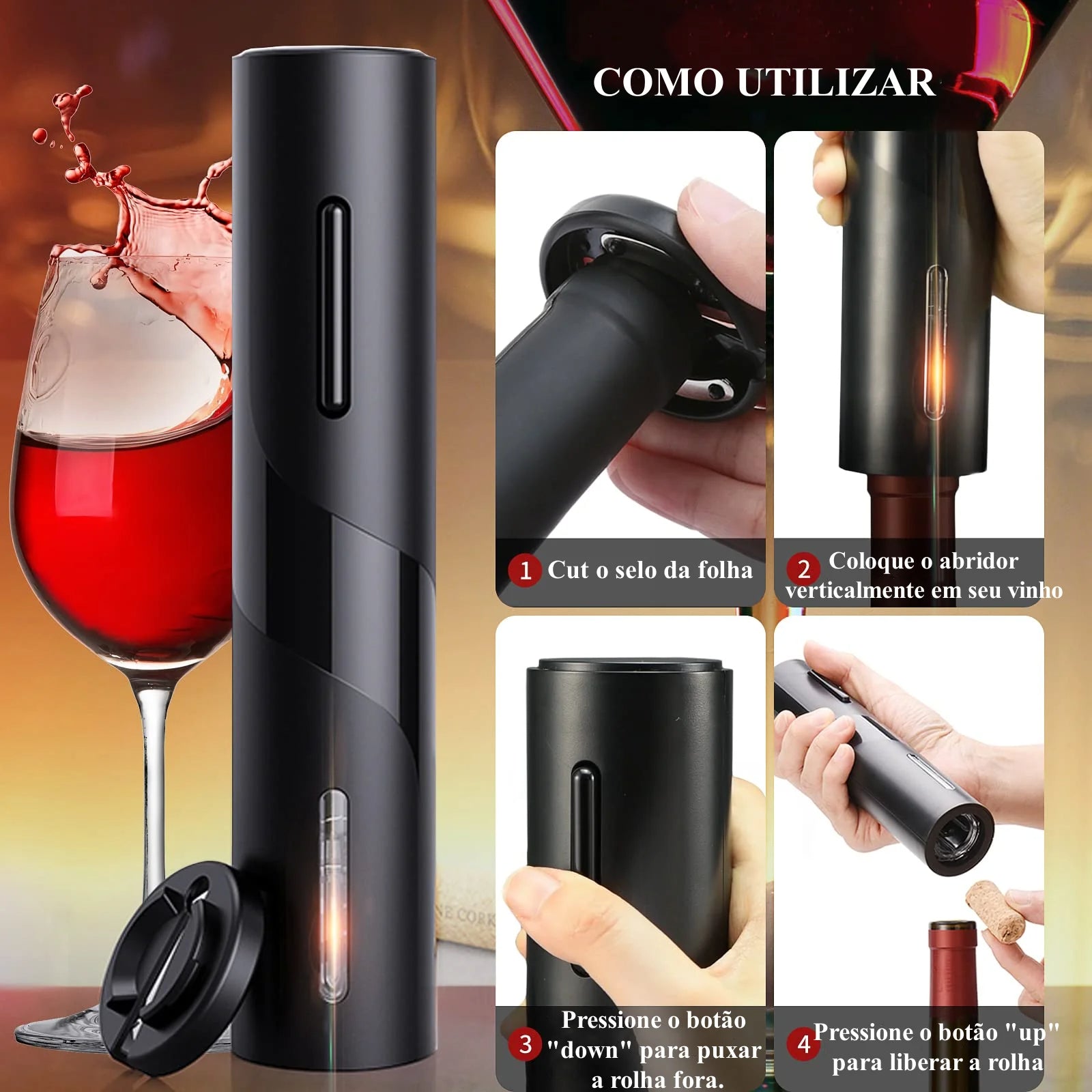 Abridor de Vinho Elétrico Premium Castiliani, com kit completo incluindo cortador de rótulo, aerador e rolha de preservação