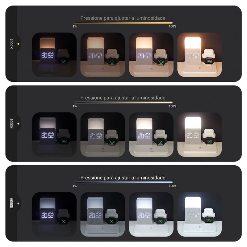 Carregador por Indução Luminária de Mesa e Despertador Castiliani, ideal para quartos com design moderno e funcionalidade prática