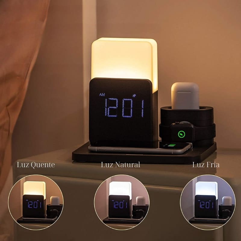 Carregador por Indução Luminária de Mesa e Despertador Castiliani, ideal para quartos com design moderno e funcionalidade prática