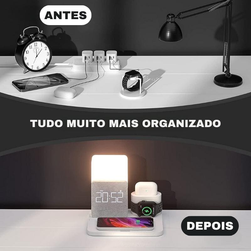 Carregador por Indução Luminária de Mesa e Despertador Castiliani, ideal para quartos com design moderno e funcionalidade prática