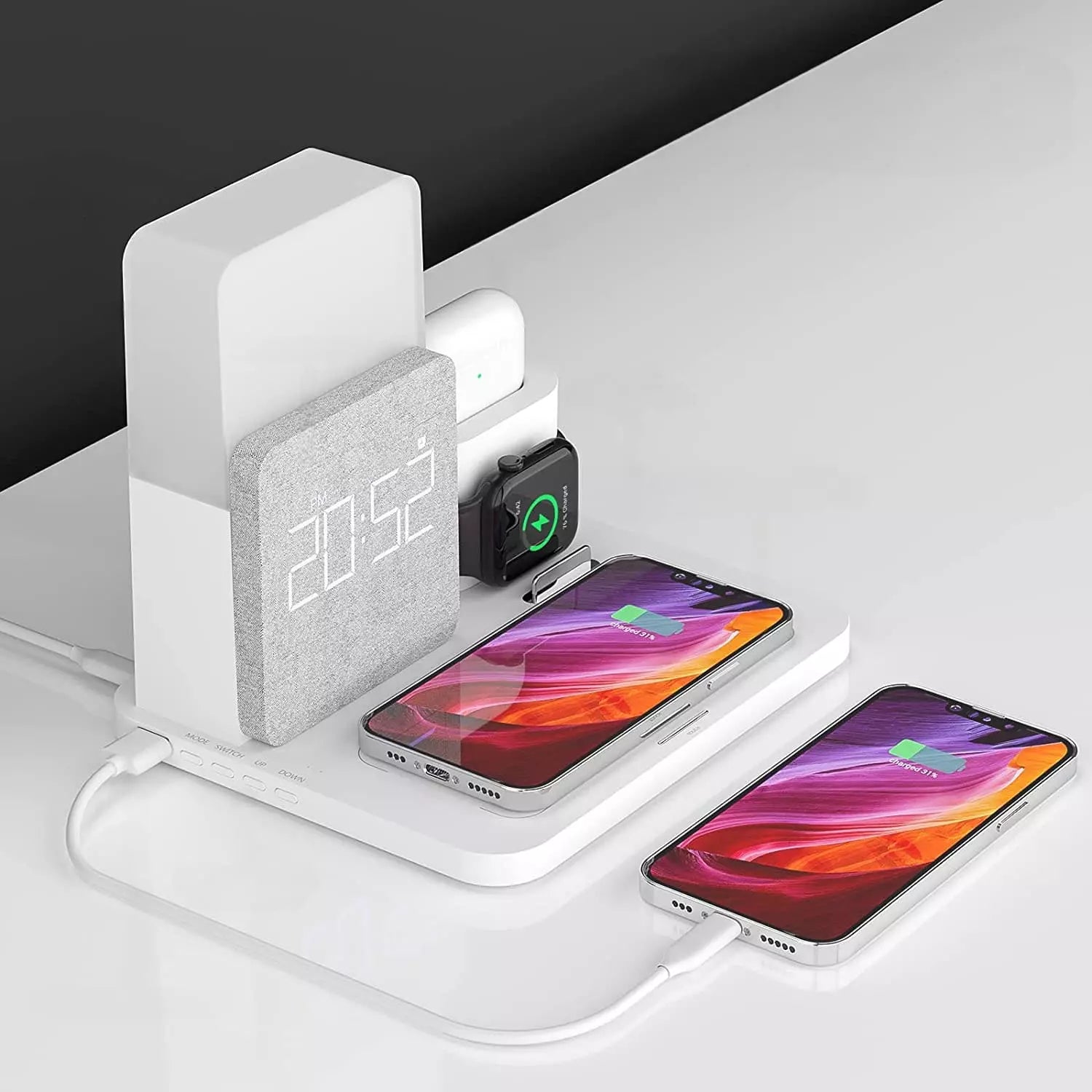 Carregador por Indução Luminária de Mesa e Despertador Castiliani, ideal para quartos com design moderno e funcionalidade prática