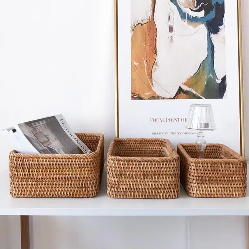 Cesto de Palha Rattan Feito à Mão Castiliani, ideal para decoração e organização em qualquer ambiente
