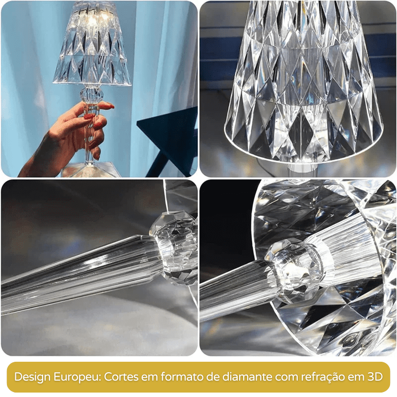 Luminária de Mesa LED Diamante USB 3 em 1 Sem Fio Castiliani, com 3 modos de iluminação e design elegante