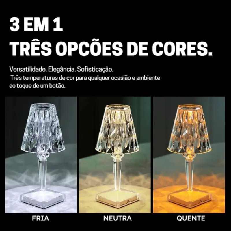 Luminária de Mesa LED Diamante USB 3 em 1 Sem Fio Castiliani, com 3 modos de iluminação e design elegante