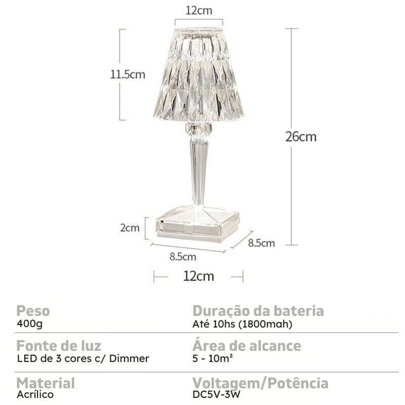 Luminária de Mesa LED Diamante USB 3 em 1 Sem Fio Castiliani, com 3 modos de iluminação e design elegante