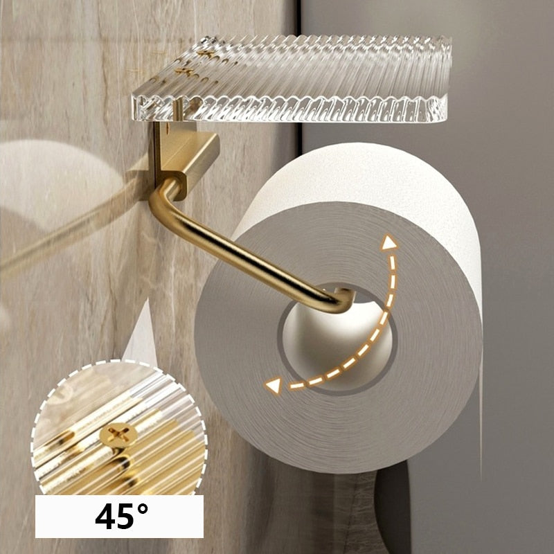 Suporte para Papel Higiênico com Prateleira em Dourado Castiliani, ideal para organizar o banheiro com elegância e funcionalidade