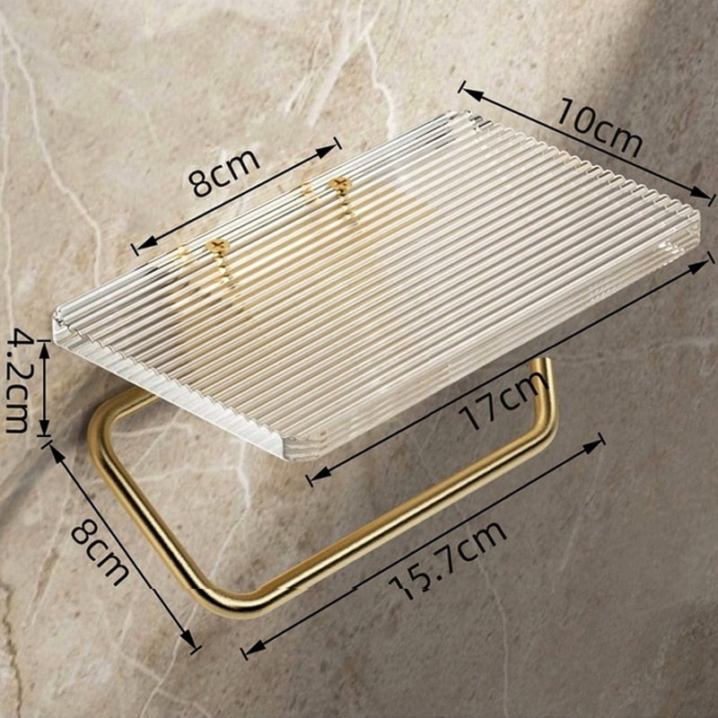 Suporte para Papel Higiênico com Prateleira em Dourado Castiliani, ideal para organizar o banheiro com elegância e funcionalidade