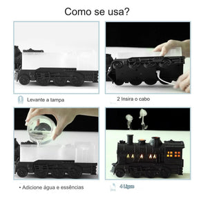 Difusor Umidificador de Ar Locomotiva Castiliani, elegante e criativo, ideal para hidratar o ambiente e melhorar a saúde respiratória

