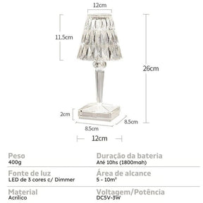 Luminária de Mesa LED Diamante USB 3 em 1 Sem Fio Castiliani, com 3 modos de iluminação e design elegante

