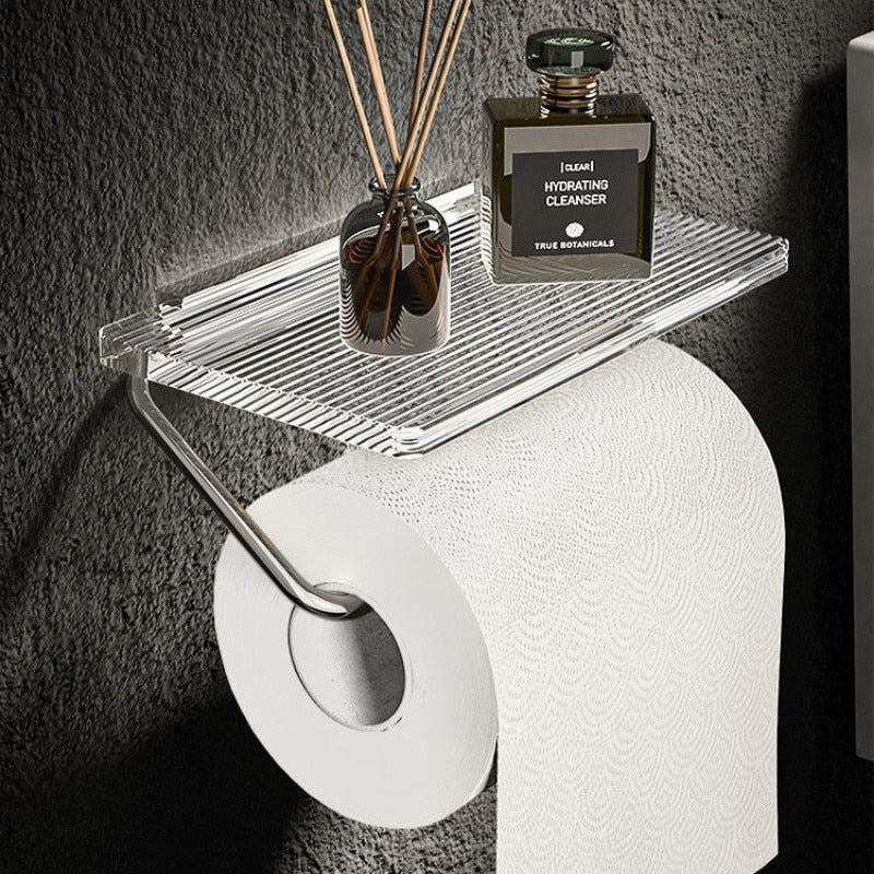 Suporte para Papel Higiênico com Prateleira em Dourado Castiliani, ideal para organizar o banheiro com elegância e funcionalidade

