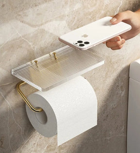Suporte para Papel Higiênico com Prateleira em Dourado Castiliani, ideal para organizar o banheiro com elegância e funcionalidade

