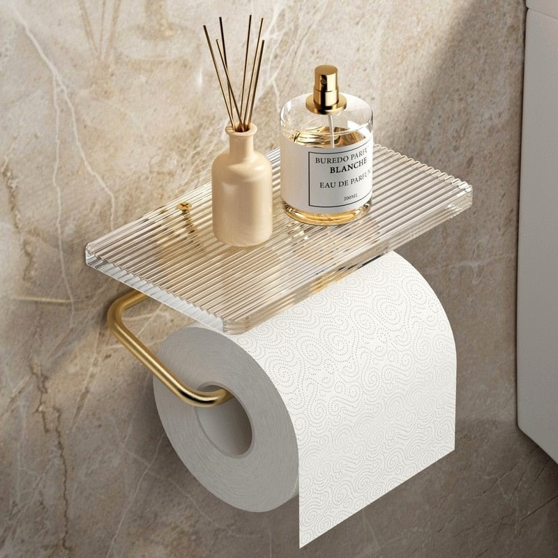Suporte para Papel Higiênico com Prateleira em Dourado Castiliani, ideal para organizar o banheiro com elegância e funcionalidade

